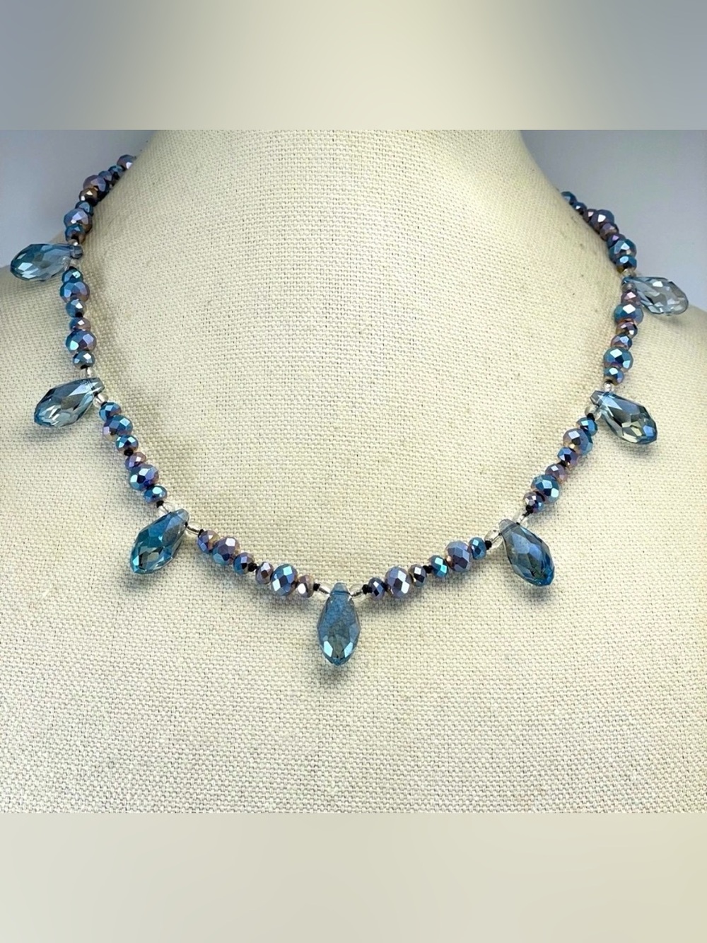 Artisan Made Handmade Metallic Blue Crystal Glass Beaded Necklace Elegant